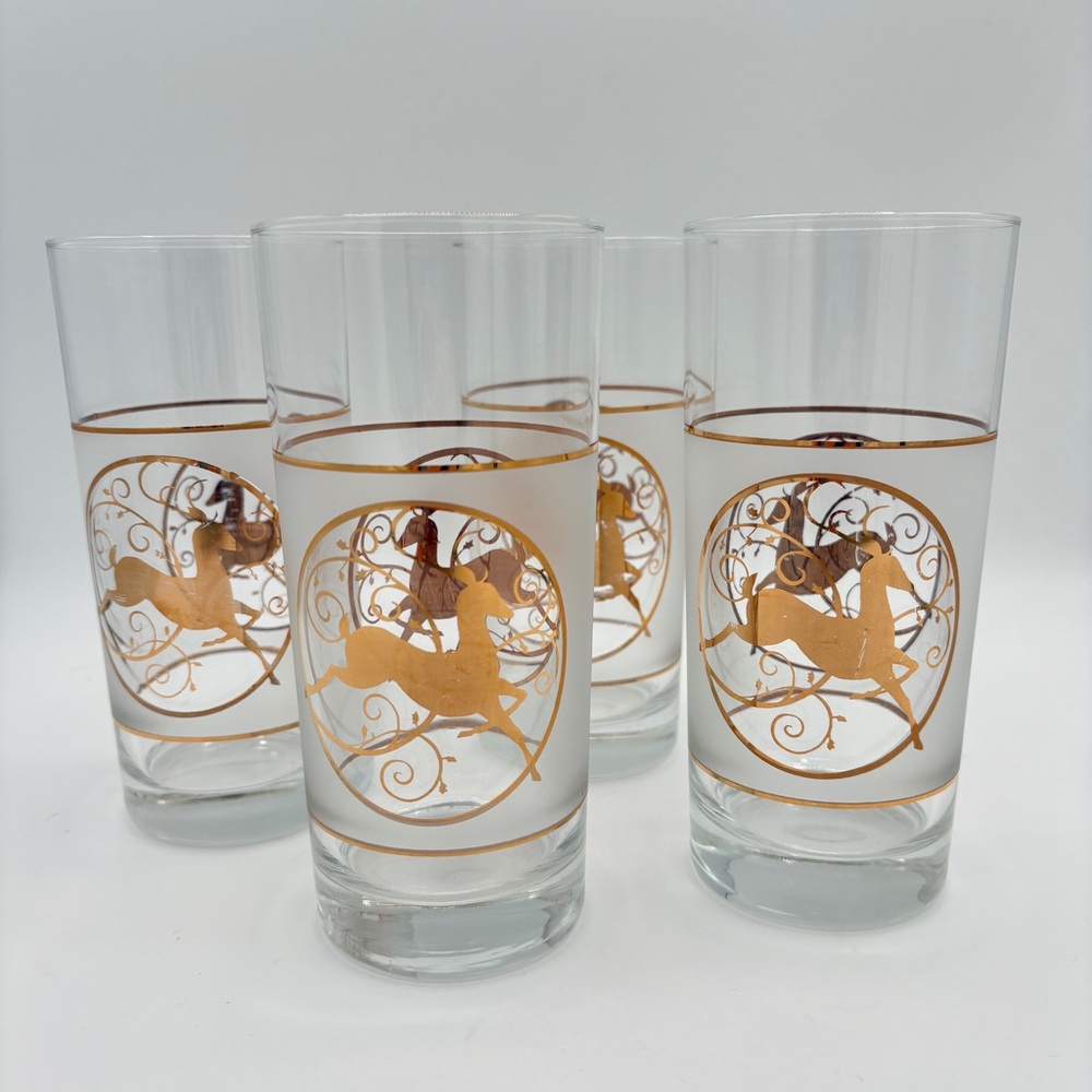 Vintage Culver Gold Reindeer Frosted Highball Glasses Set of 4